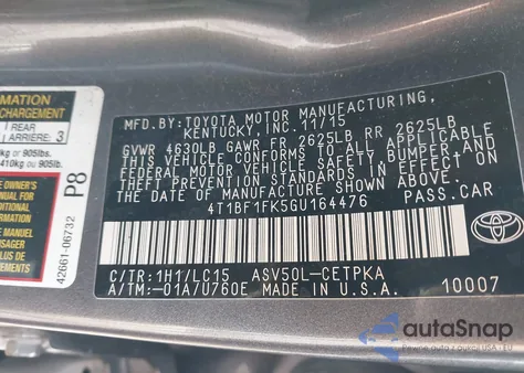 2016 Toyota Camry Xse из США, поврежденный, VIN 4T1BF1FK5GU164476